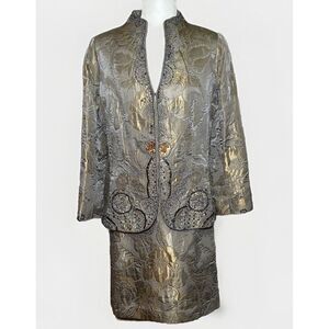 Rickie Freeman Teri Jon Womens 2pc Suit Jacket Skirt Taupe Quilted Brocade Sz 10